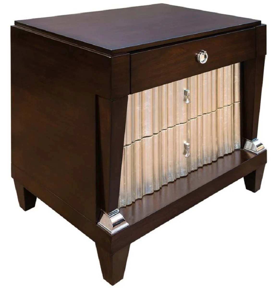 Casa Padrino conjunto de dormitorio neoclásico de lujo beige claro / marrón oscuro / plata - 1 Cama Doble con Cabecero y 2 Mesitas de Noche - Muebles de Dormitorio Neoclásicos