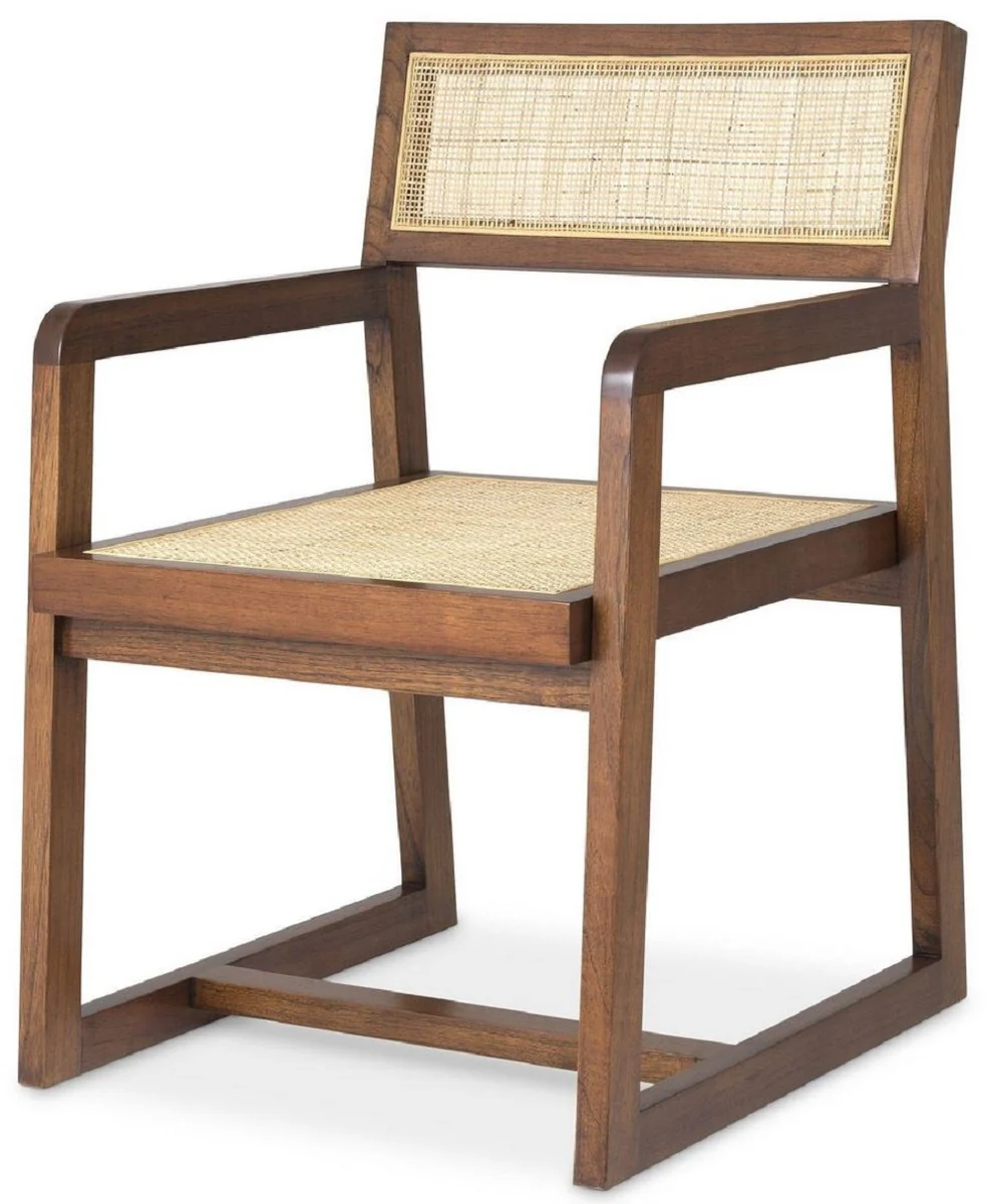 Casa Padrino silla de comedor de lujo marr¨®n / natural 58,5 x 65,5 x A. 89 cm - Silla de madera maciza con reposabrazos y rat¨¢n tejido a mano - Muebles de comedor de lujo