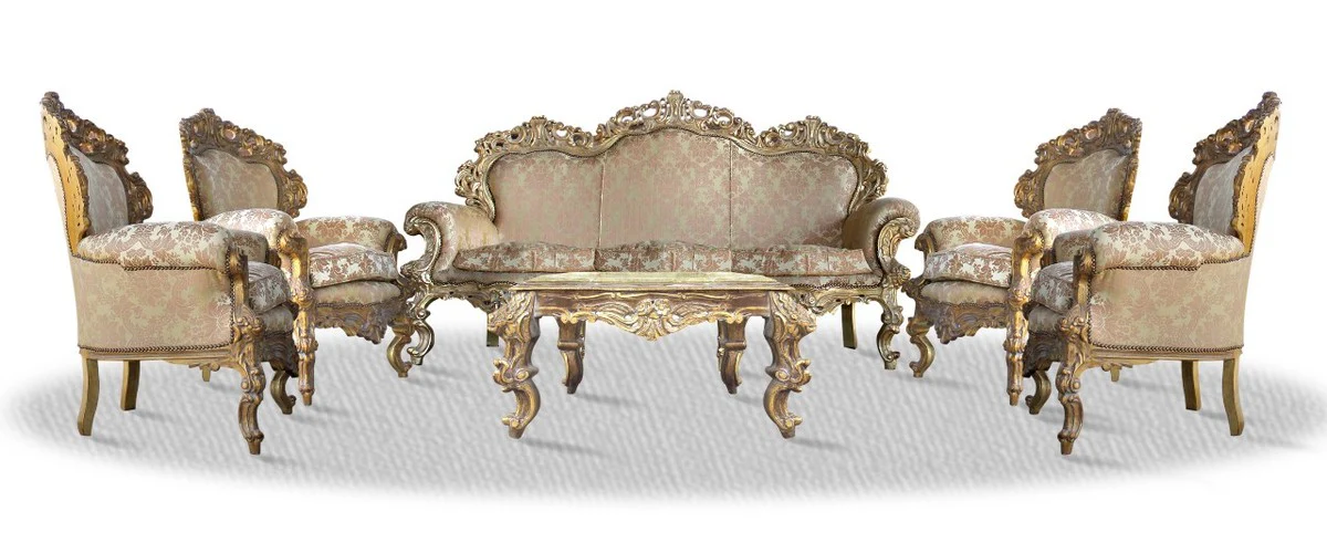 Casa Padrino baroque sofa set 3 seat sofa 4 armchairs and table with glass top - Antique Style Living Room