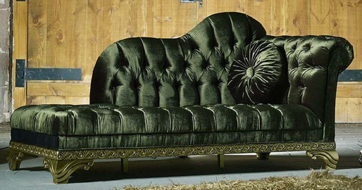 Casa Padrino chaise longue barroco de lujo verde - Chaise longue de madera maciza hecha a mano con terciopelo noble y almohada decorativa - Muebles Barrocos - Noble y Espl¨¦ndido