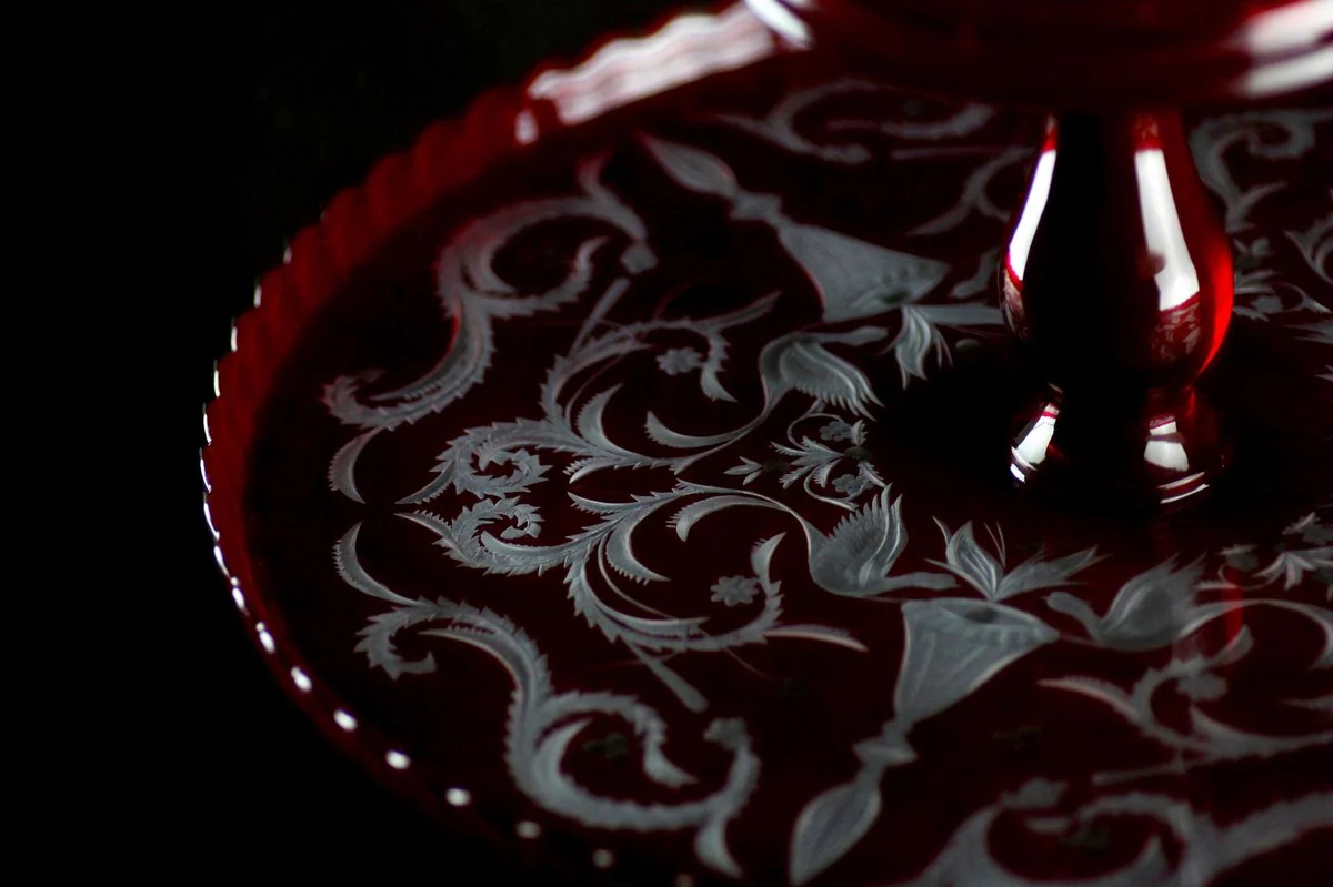 Casa Padrino plato de pastel de lujo rojo / plata ? 32 x A. 12 cm - Plato de pastel de vidrio grabado a mano y hecho a mano - Accesorios para Hoteles y Restaurantes - Calidad de Lujo