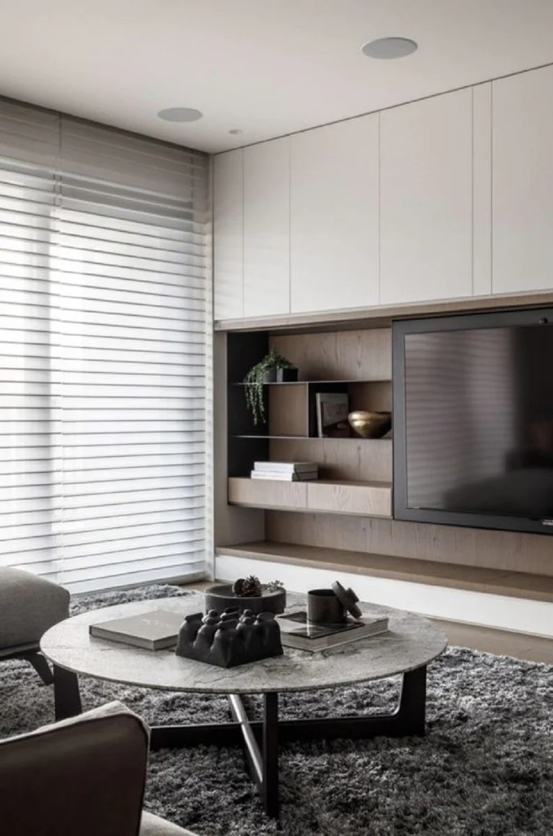 Casa Padrino mesa de centro de lujo blanco / negro ? 120 x A. 35 cm - Mesa de sal¨®n redonda de madera maciza con encimera de m¨¢rmol - Muebles de sal¨®n de lujo