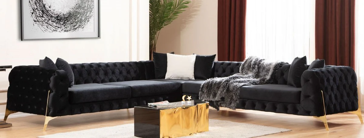 Casa Padrino sof¨¢ esquinero Chesterfield de lujo negro / oro 310 x 270 x A. 70 cm - Sof¨¢ de sal¨®n Chesterfield - Muebles de sal¨®n - Muebles Chesterfield de lujo