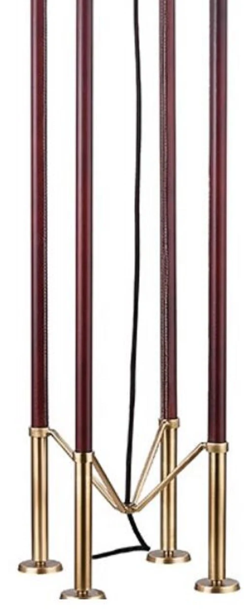 Casa Padrino lámpara de pie de lujo latón antiguo / marrón / blanco Ø 50,8 x H. 172,7 cm - Lámpara de Metal Noble con Cuero de Alta Calidad y Pantalla de Lino - Calidad de Lujo