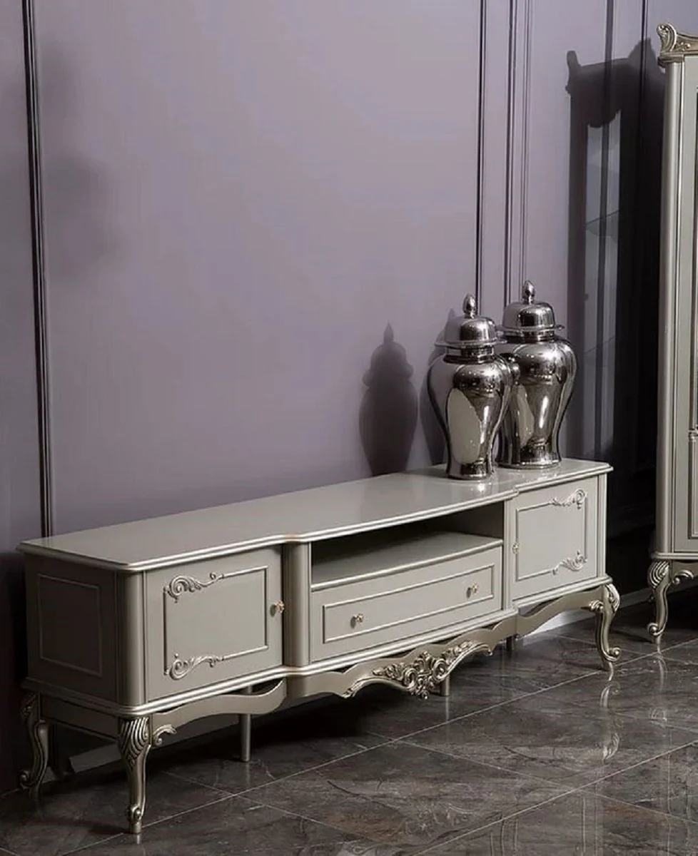 Casa Padrino gabinete TV barroco de lujo gris / plata 191 x 44 x A. 63 cm - Magn¨ªfico mueble de TV de madera maciza - Muebles de sal¨®n barrocos