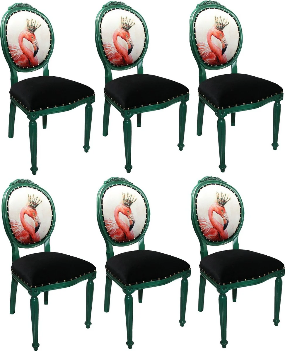Casa Padrino Conjunto de Sillas de Comedor Barroco de Lujo Flamenco con Corona Verde / Negro / Multicolor 48 x 50 x H. 98 cm - 6 Sillas de Comedor Hechas a Mano con Diamantes de Imitaci¨®n - Muebles de Comedor Barrocos