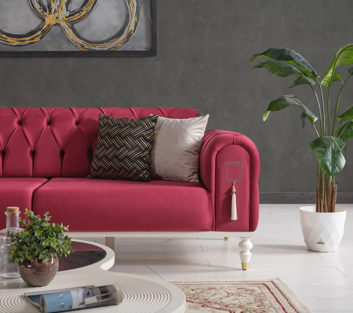 Casa Padrino sof¨¢ cama Chesterfield de lujo rojo / blanco / oro 230 x 95 x A. 83 cm - Sof¨¢ de sal¨®n con 3 almohadas - Muebles de sal¨®n de lujo