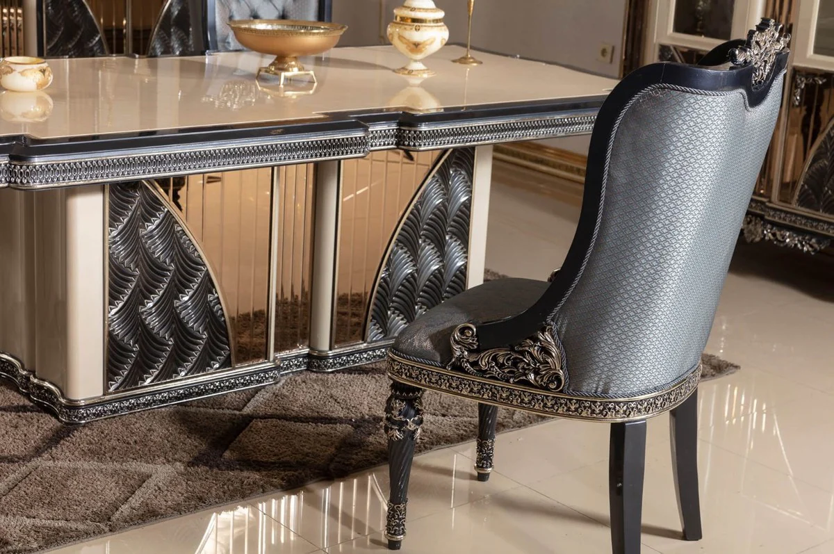 Casa Padrino conjunto de comedor barroco de lujo beige / azul claro / negro / oro - 1 Mesa de Comedor Barroco y 6 Sillas de Comedor Barrocos - Muebles de comedor de lujo en estilo barroco