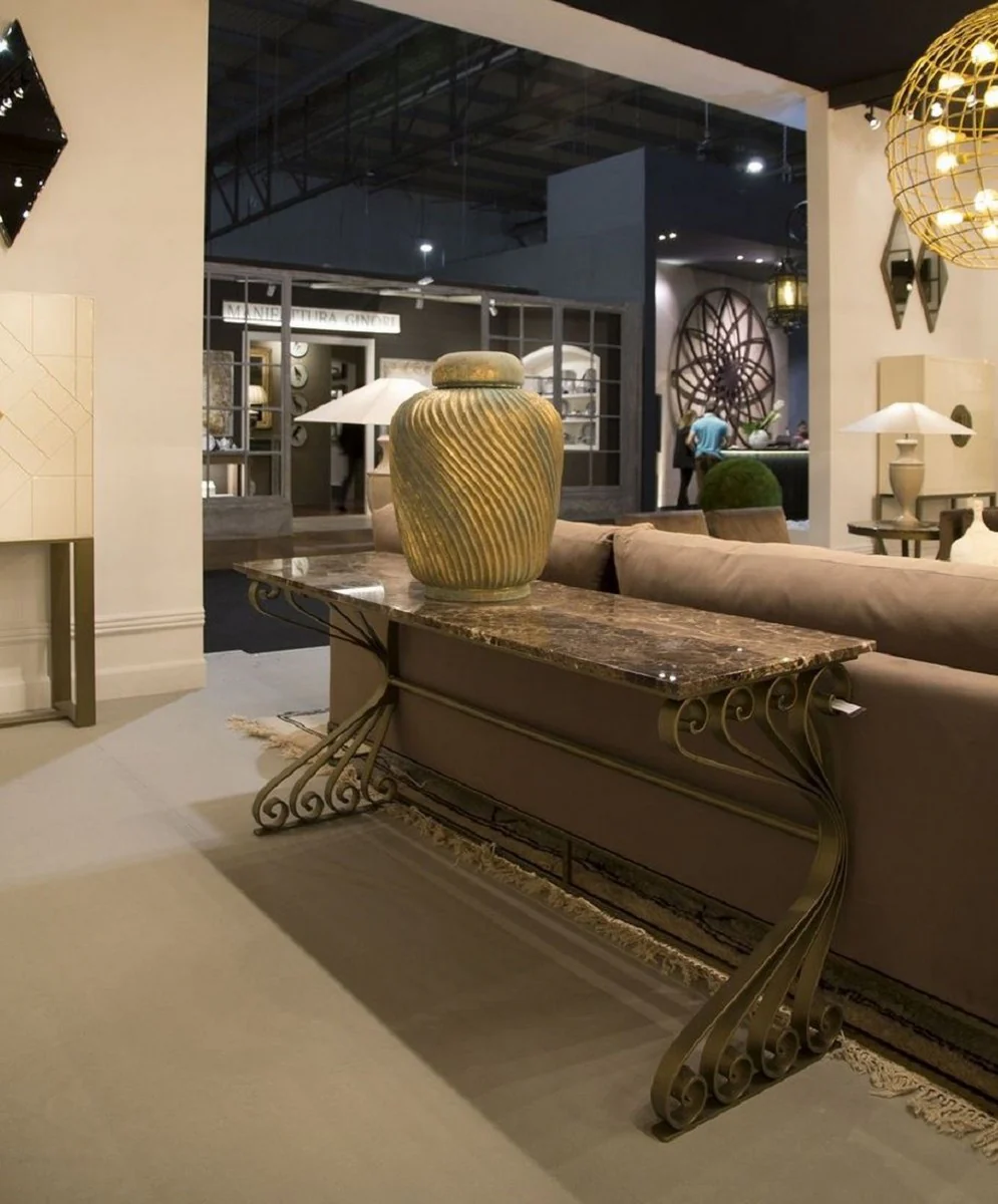 Casa Padrino consola Art Nouveau de lujo latón / gris 200 x 60 x A. 84 cm - Consola noble con tablero de mármol y estructura de hierro forjado hecho a manol - Muebles de Jardín de Patio de Sala de Estar