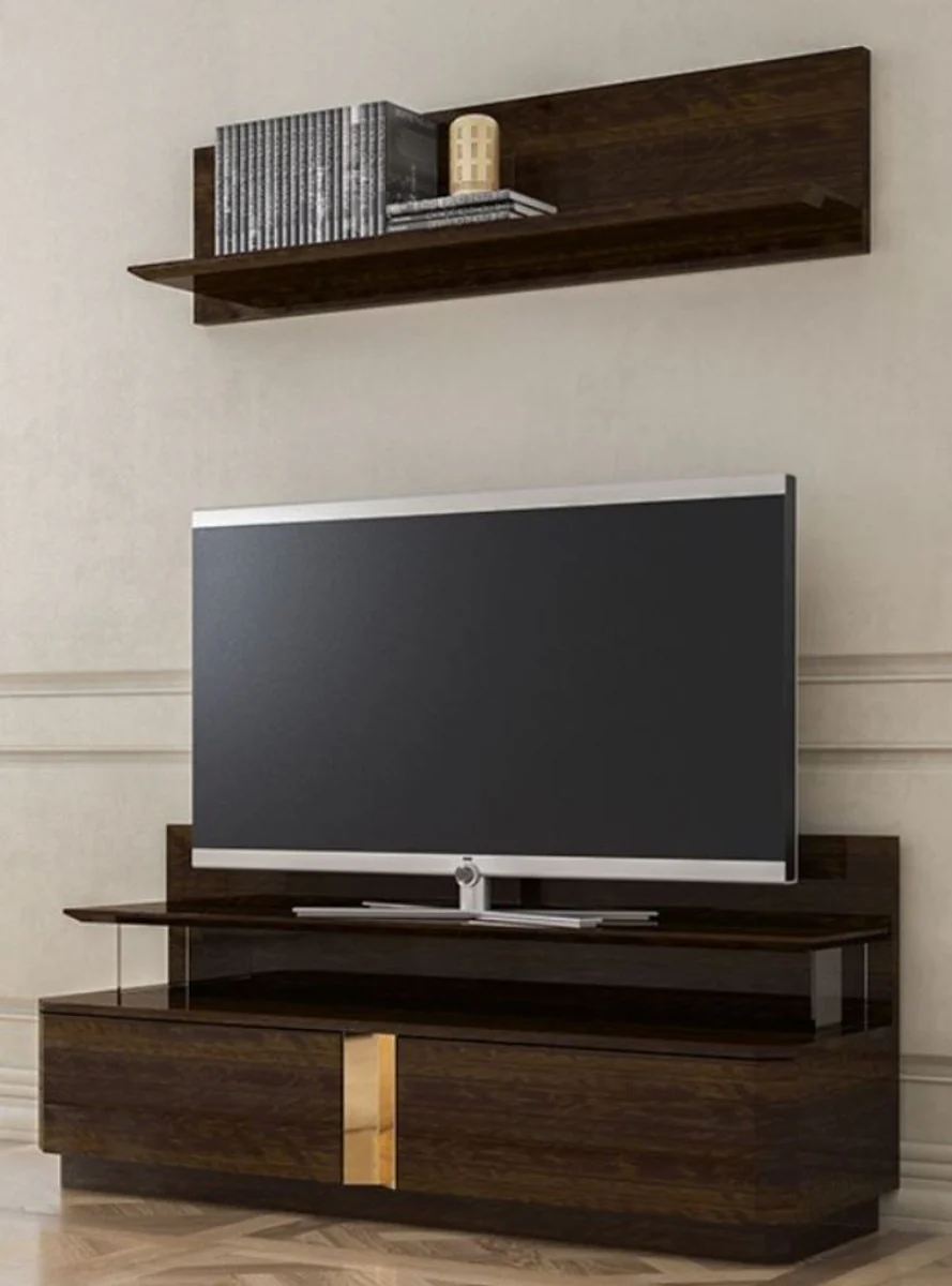Casa Padrino conjunto de gabinete de TV para sala de estar de lujo marrón / oro - 1 Gabinete de TV y 1 Estante de Pared - Conjunto de muebles - Calidad de Lujo