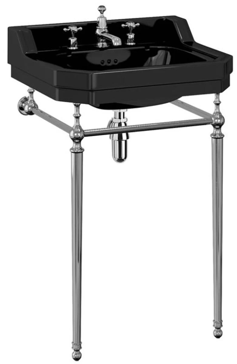 Casa Padrino Mueble de Baño Art Nouveau de Lujo Negro / Plata 56 x 47 x A. 90 cm - Lavabo de Porcelana con 3 Orificios y Base - Muebles de Baño