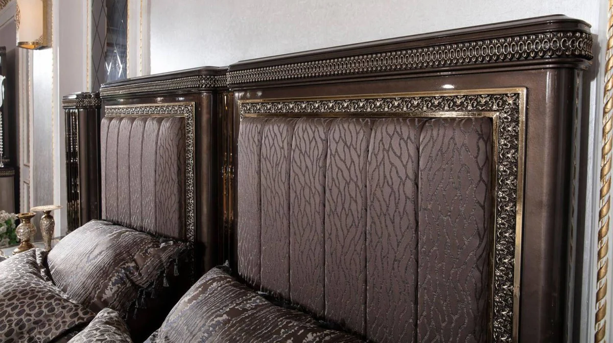 Casa Padrino conjunto de dormitorio barroco de lujo gris / marrón oscuro / oro - 1 Cama Doble Barroco con Cabecero y 2 Mesitas de Noche Barrocos - Muebles de dormitorio de lujo estilo barroco