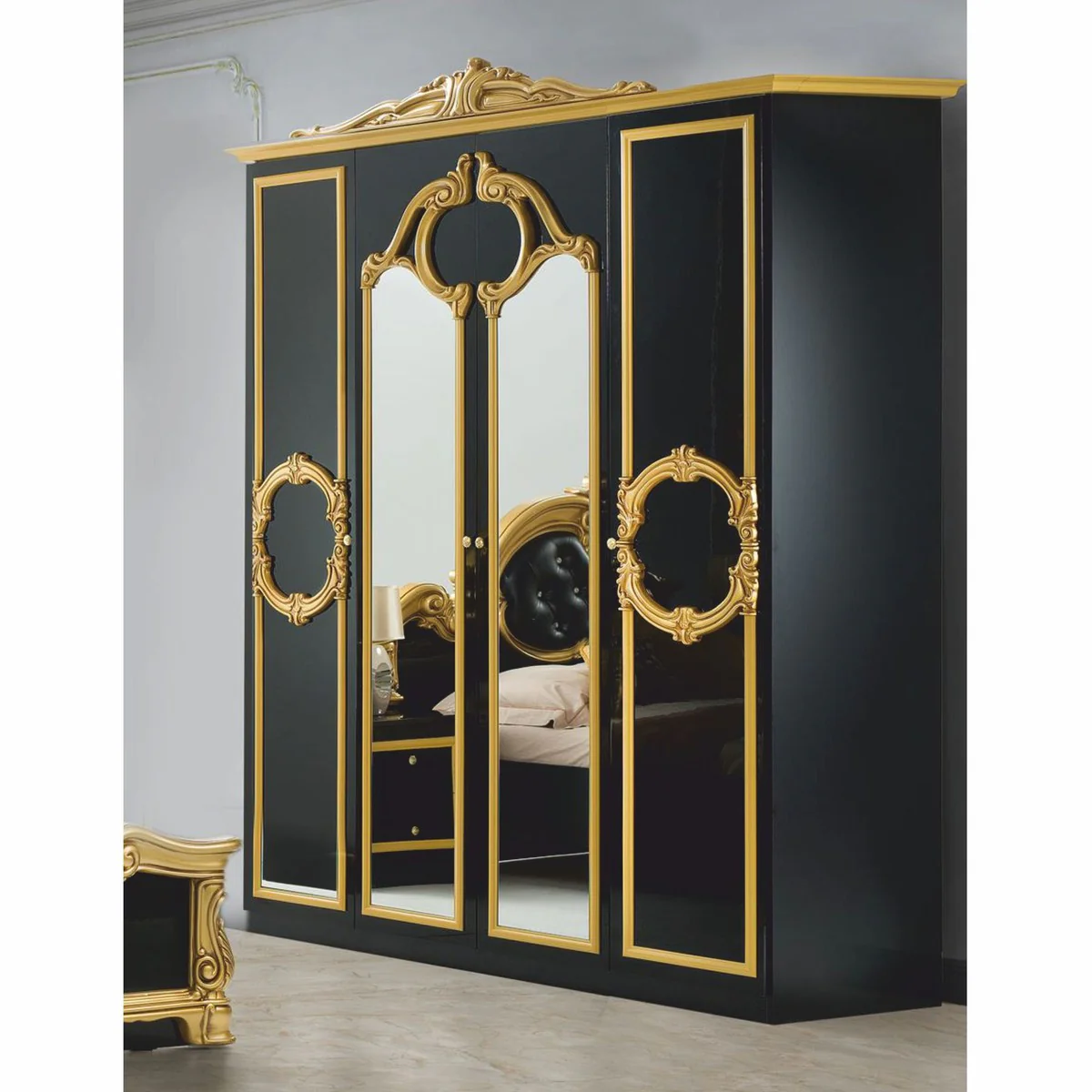 Casa Padrino armario de dormitorio barroco de lujo negro / oro 177 cm - Muebles de dormitorio barrocos