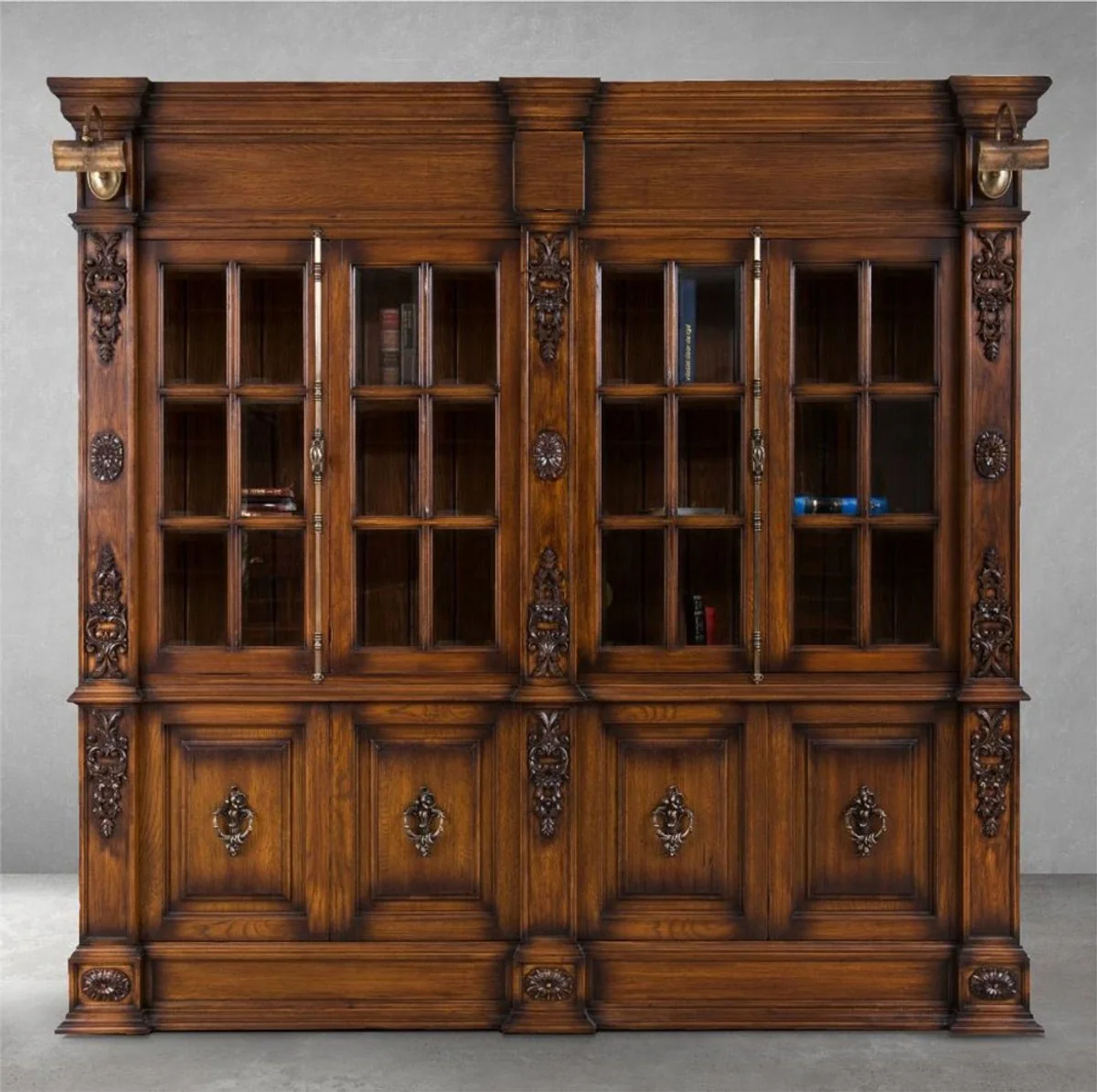 Casa Padrino armario de libros de estilo campestre de lujo marr¨®n / lat¨®n antiguo 262,5 x 54 x A. 251 cm - Armario con iluminaci¨®n - Armario de sal¨®n - Muebles de estilo campestre de lujo