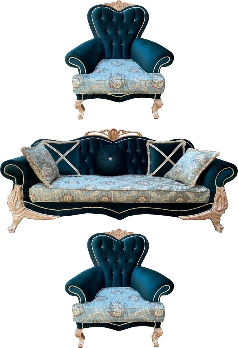 Casa Padrino conjunto de sala de estar barroco de lujo con patr¨®n floral elegante y pedrer¨ªa turquesa / verde / crema - 1 Sof¨¢ y 2 Sillones - Magn¨ªfica muebles de sal¨®n barrocos