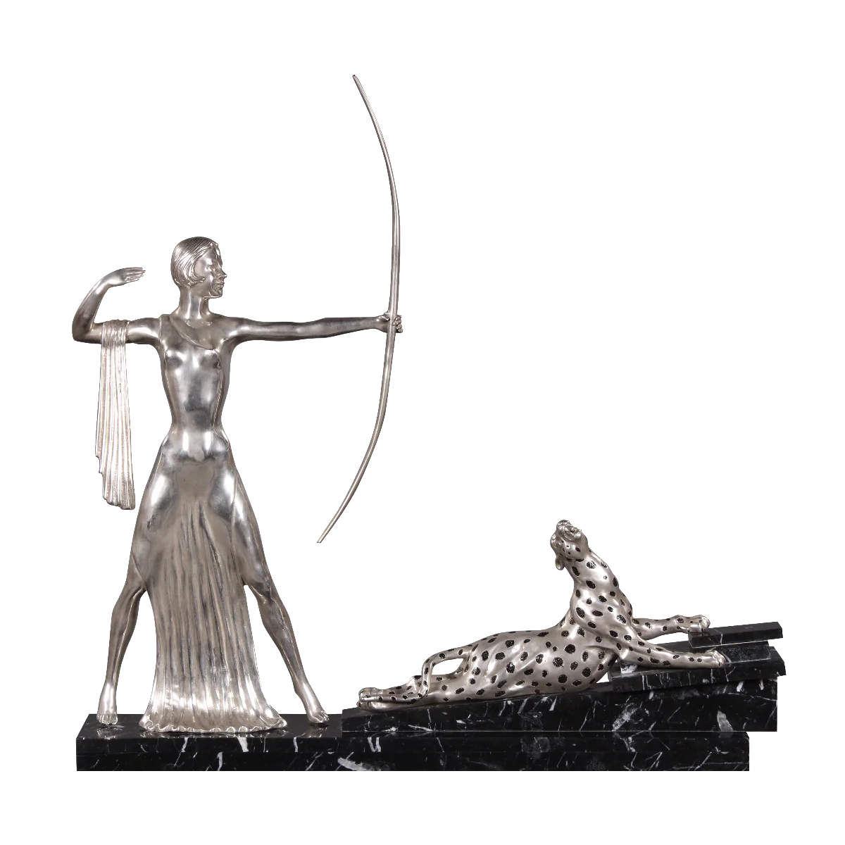 Casa Padrino figura de bronce con arco y tigre sobre base de mármol plata / negro 85 x 13 x H. 82 cm - Decoracion de Lujo