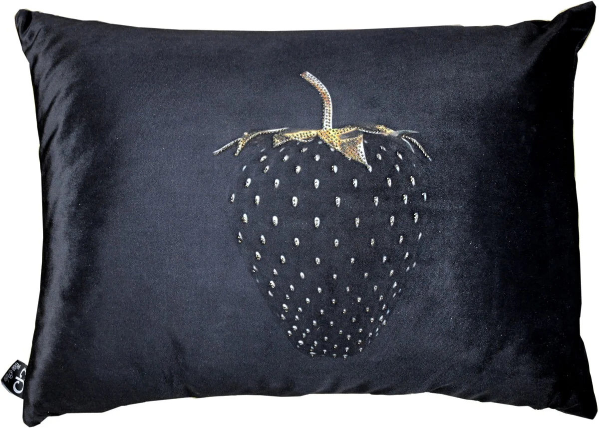Coj¨ªn decorativo de lujo de fresa de Casa Padrino con pedrer¨ªa bling bling negro / dorado de 35 x 55 cm - la mejor tela de terciopelo - accesorios de decoraci¨®n de lujo