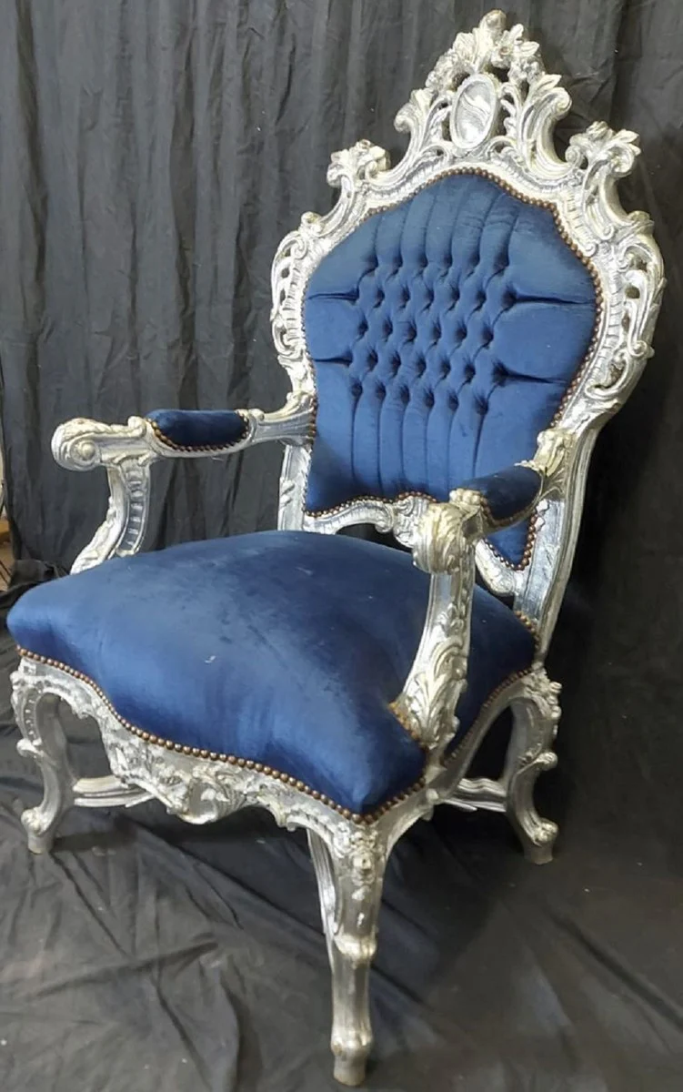 Casa Padrino sillón de trono barroco azul / plata - Sillón de madera maciza hecho a mano en estilo barroco - Sillón de estilo antiguo - Muebles estilo antiguo - Muebles barrocos