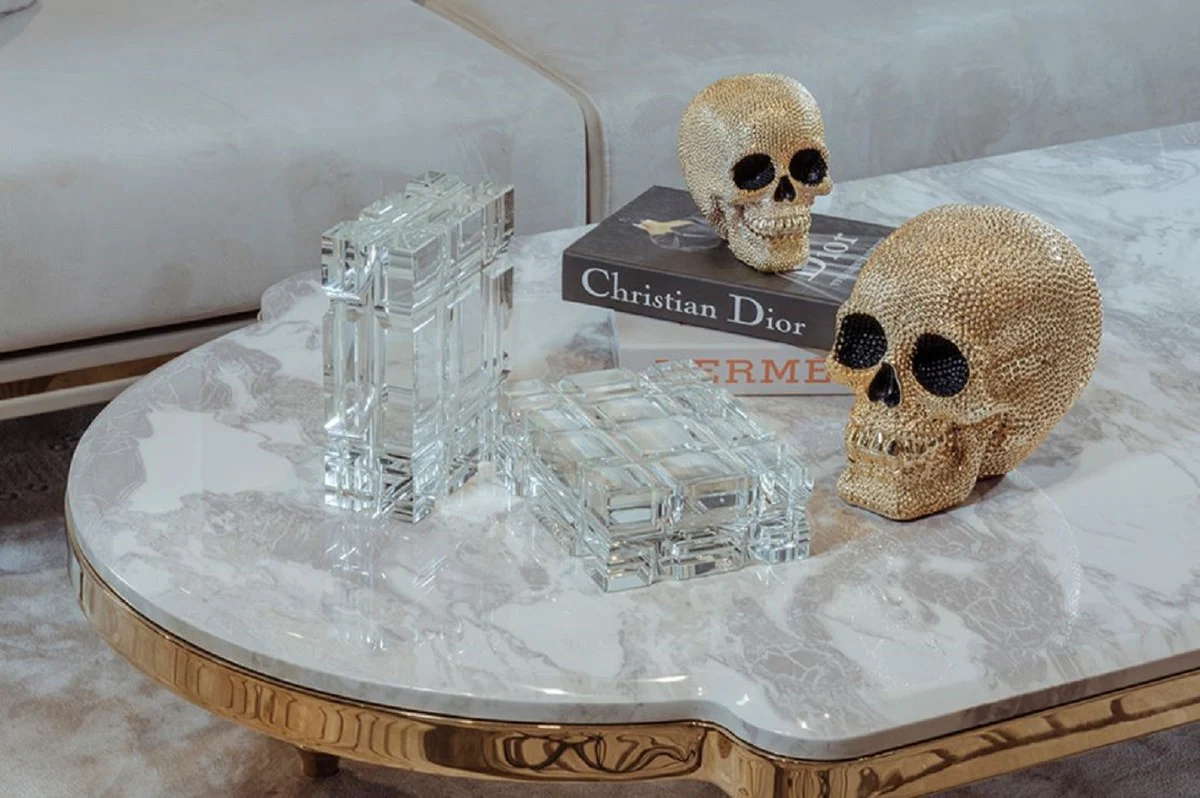 Casa Padrino mesa de centro Art Deco de lujo gris / blanco / oro 160 x 87 x A. 46 cm - Magn¨ªfica mesa de sal¨®n de madera maciza con tablero de m¨¢rmol artificial - Muebles de Sal¨®n Art Deco