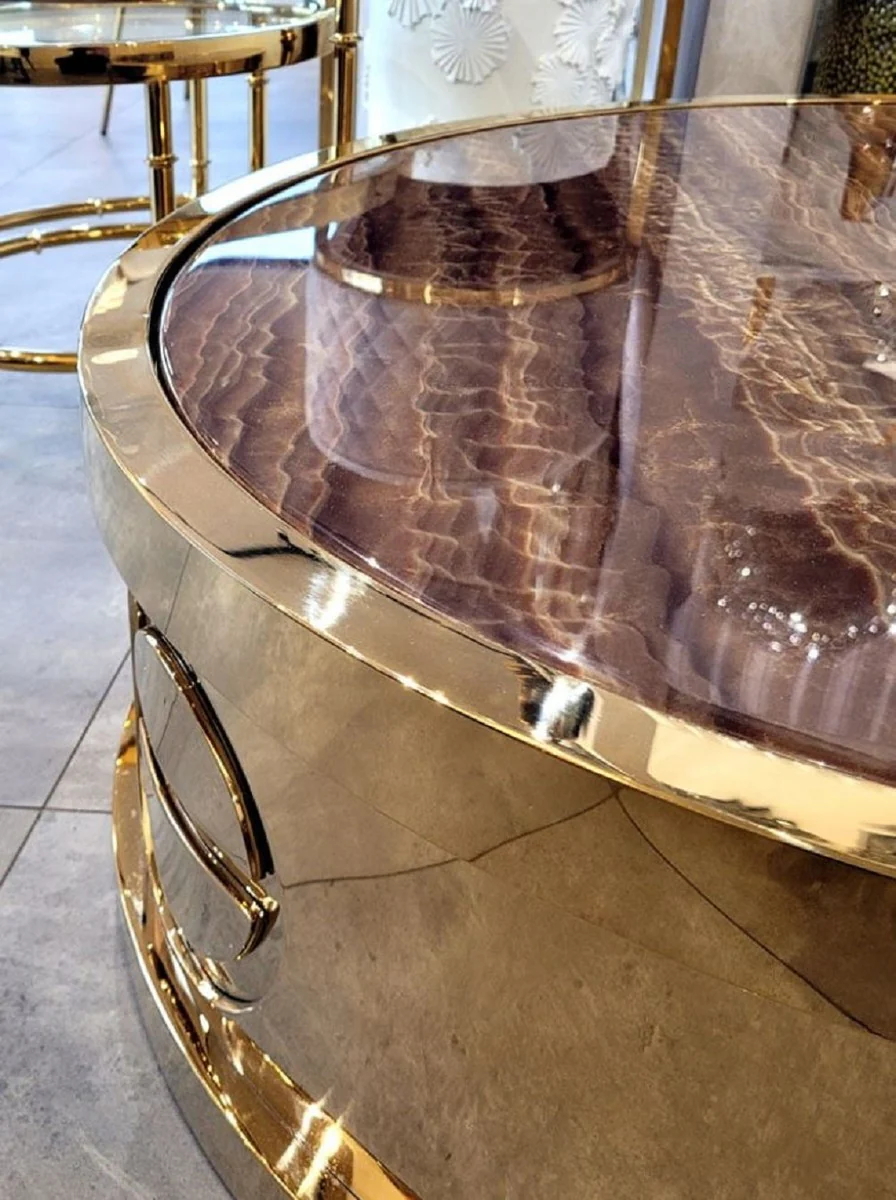 Casa Padrino mesa de centro de lujo oro / marr¨®n ? 95 x A. 32 cm - Mesa de sal¨®n redonda con tablero de m¨¢rmol artificial - Muebles de sal¨®n - Muebles de hotel - Muebles de lujo