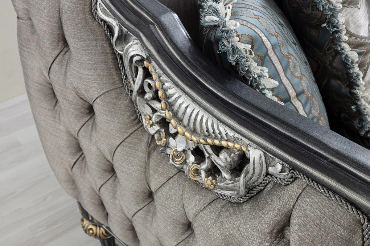 Casa Padrino sof¨¢ barroco de lujo plata / turquesa / oro 248 x 96 x A. 118 cm - Magn¨ªfica sof¨¢ de sal¨®n de madera maciza con patr¨®n elegante y cojines decorativos - Muebles de sal¨®n barrocos