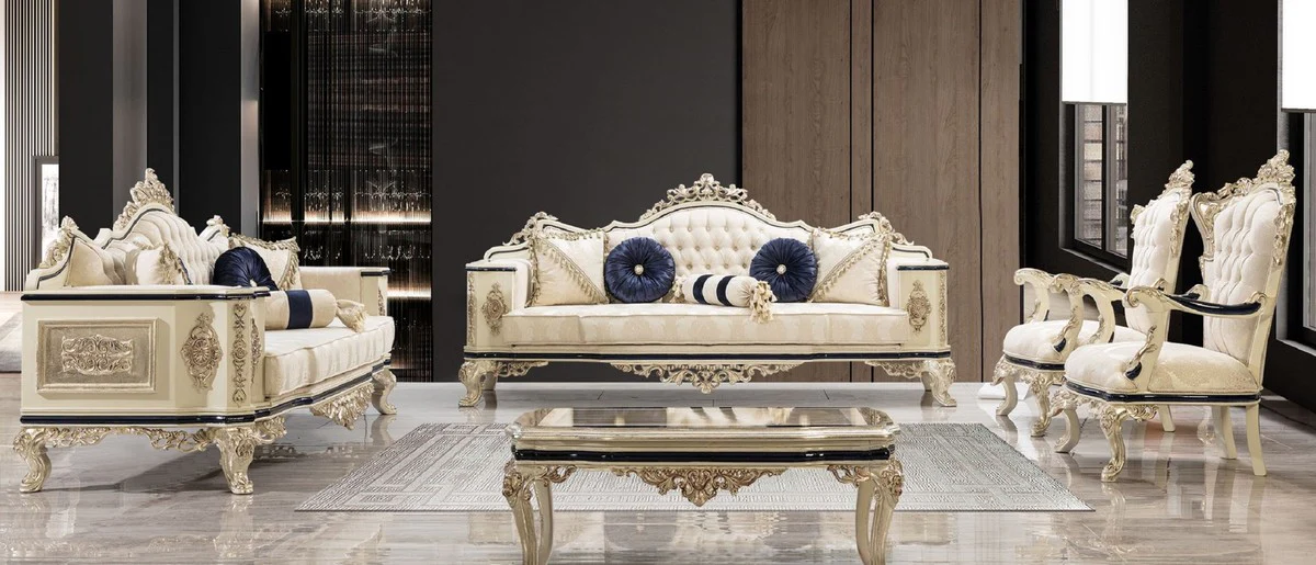 Casa Padrino conjunto de sala de estar barroco de lujo blanco / crema / negro / oro antiguo - 2 Sof¨¢s Barrocos y 2 Sillones Barrocos y 1 Mesa de Centro Barroco - Muebles de sal¨®n barroco