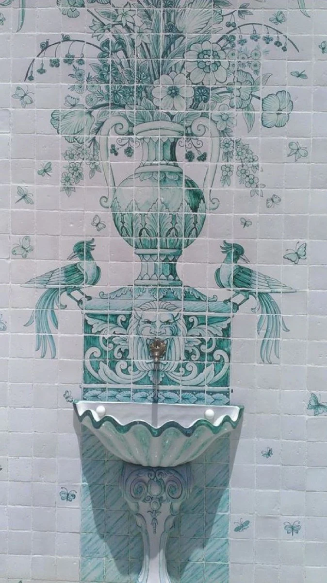 Casa Padrino fuente de pared barroco de lujo con pintura de pared de azulejos blanco / verde - Hecho a mano y pintado a mano - Calidad de Lujo - Accesorios de Decoración de Jardín de Hotel Barroco