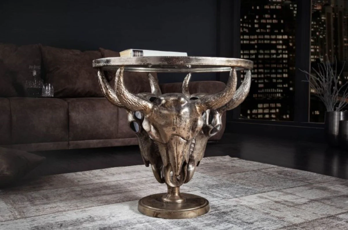 Casa Padrino mesa de centro de dise?o bronce antiguo ? 56 x A. 53 cm - Mesa de sal¨®n redonda con 3 cabezas de toro decorativas y placa de vidrio - Muebles de Sal¨®n