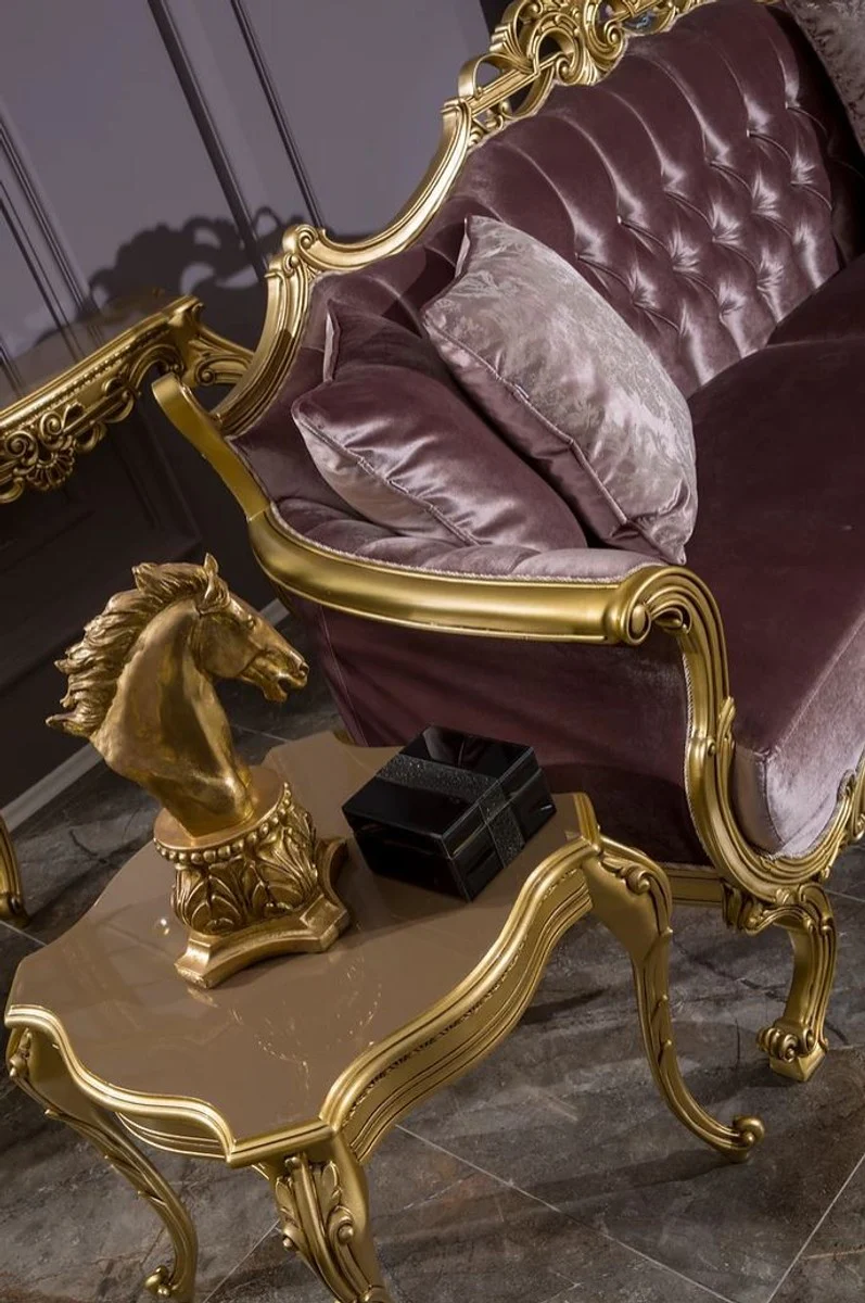 Casa Padrino sof¨¢ de terciopelo barroco de lujo lila / oro 226 x 84 x A.109 cm - Sof¨¢ de sal¨®n magn¨ªfico con cojines decorativas - Muebles de sal¨®n en estilo barroco