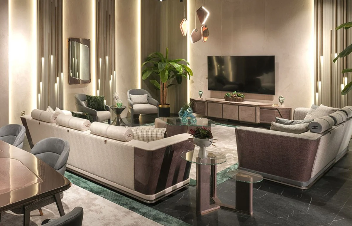 Casa Padrino sof¨¢ de lujo crema / gris / oro 280 x 98 x A. 85 cm - Sof¨¢ de sal¨®n - Sof¨¢ de hotel - Muebles de sal¨®n - Muebles de hotel - Muebles de lujo - Interiores de lujo