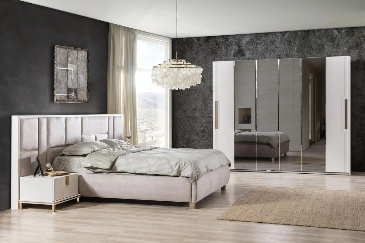 Casa Padrino conjunto de dormitorio de madera maciza de lujo gris / blanco / oro - 1 Cama Doble con Cabecera y 2 Mesitas de Noche - Muebles de dormitorio de lujo