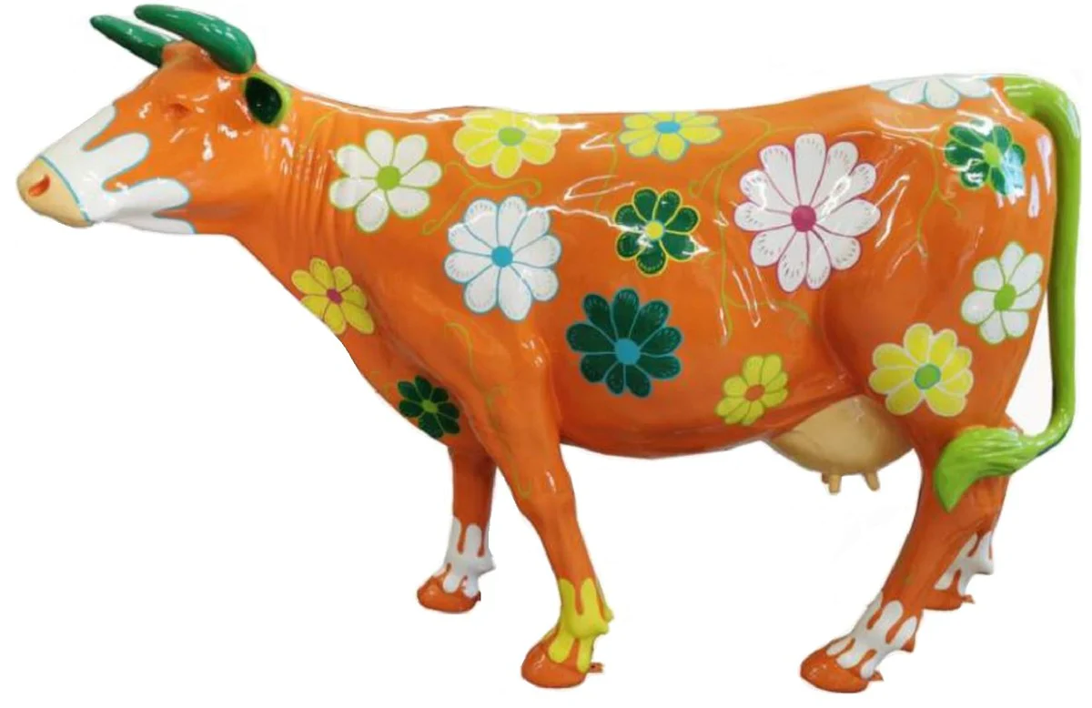 Casa Padrino escultura decorativa de lujo vaca naranja / multicolor 210 x 55 x A. 147 cm - Escultura de jard¨ªn enorme - Escultura tama?o natural - Escultura decorativa XXL - Figura decorativa XXL