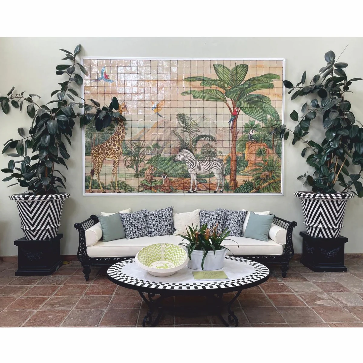 Casa Padrino Sof¨¢ Barroco de Lujo Negro / Blanco 300 cm - Muebles Barrocos para Hotel y Jard¨ªn