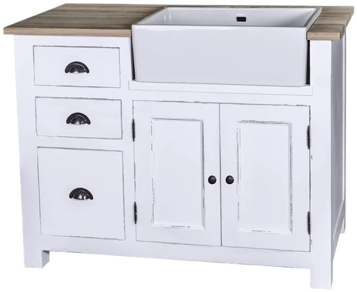 Casa Padrino mueble lavabo de estilo country con 2 puertas y 3 cajones de blanco antiguo / colores naturales 118 x 65 x H. 90 cm - Muebles de Cocina Shabby Chic