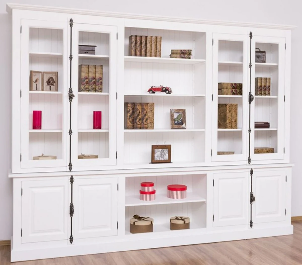 Casa Padrino armario de libros estilo campestre blanco 300 x 50 x A. 230 cm - Armario de madera maciza - Armario de sal¨®n - Armario de oficina - Muebles de estilo campestre
