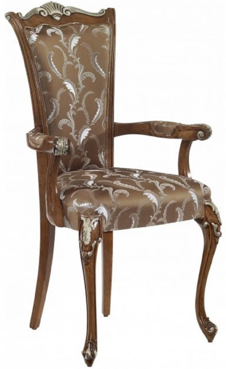 Casa Padrino conjunto de sillas de comedor barrocos de lujo marr¨®n / blanco / plata - Conjunto de sillas de cocina de 6 con reposabrazos - Muebles de comedor barrocos - Hecho en Italia