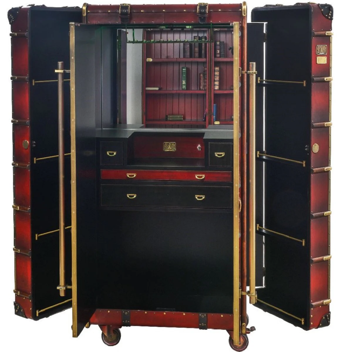 Casa Padrino armario bar de lujo con ruedas rojo burdeos / lat¨®n 110 x 50 x A. 170 cm - Armario maleta en look retro - Mueble bar estilo retro - Mueble bar - Muebles de lujo