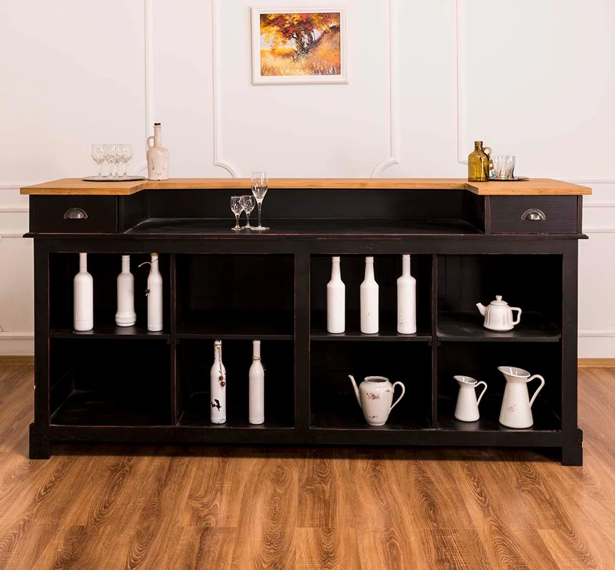 Casa Padrino barra de bar de estilo campestre negro antiguo / natural 240 x 65 x H. 107 cm - Barra de Bar con Cajones y Compartimentos de Almacenamiento