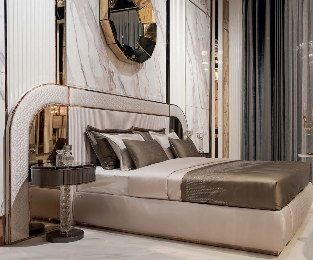 Casa Padrino cama doble Art Deco de lujo gris / cobre 350 x 209,5 x A. 140 cm - Cama noble de madera maciza con cabecero de espejo - Muebles de dormitorio - Muebles Art Deco de lujo