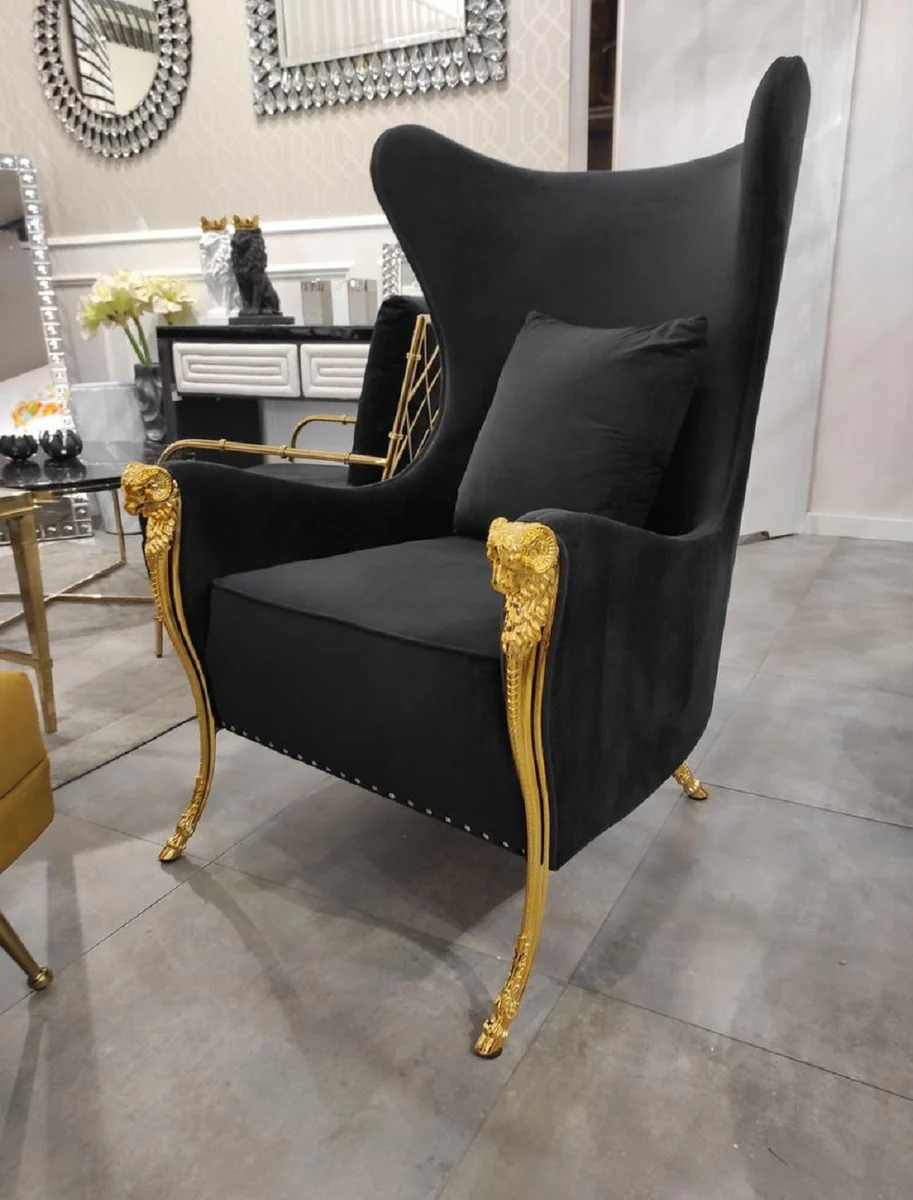 Casa Padrino sill¨®n de orejas de lujo negro / oro 78 x 88 x A. 113 cm - Sill¨®n de sal¨®n moderno con tela de terciopelo - Muebles de sal¨®n modernos