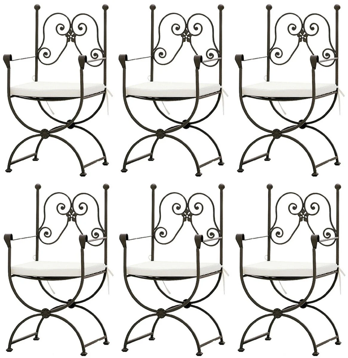 Casa Padrino conjunto de silla de jardín con reposabrazos y cojines de asiento marrón / blanco 60 x 44 x A. 97 cm - Sillas de comedor forjadas a mano - Muebles de Comedor de Jardín de Patio