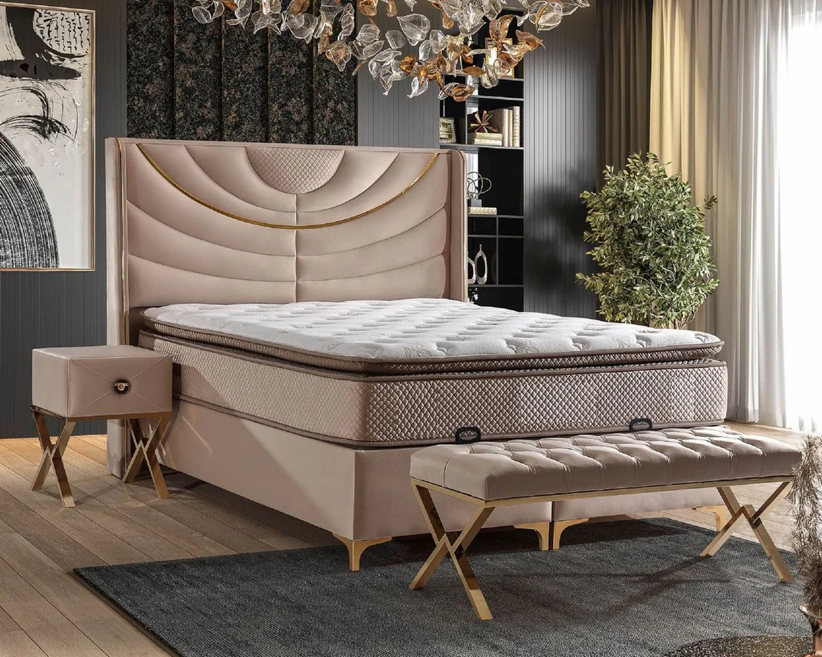 Casa Padrino cama doble de lujo beige / oro - Varios Tamaños - Cama de madera maciza con cabecero y colchón - Muebles de dormitorio - Muebles para hoteles - Muebles de lujo