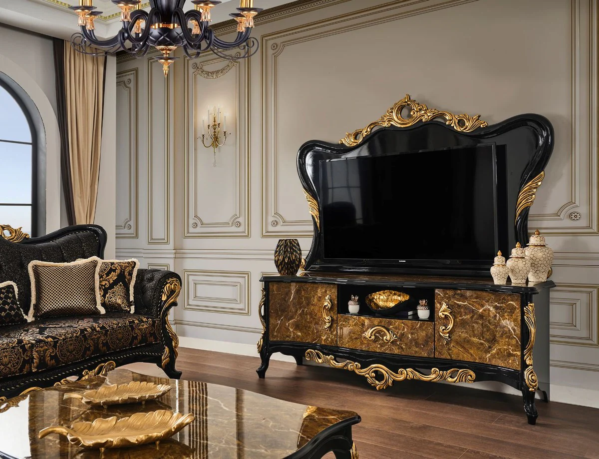 Casa Padrino gabinete de TV barroco de lujo marrón / negro / oro 180 x 50 x A. 190 cm - Magnífico aparador de madera maciza - Muebles de salón barrocos