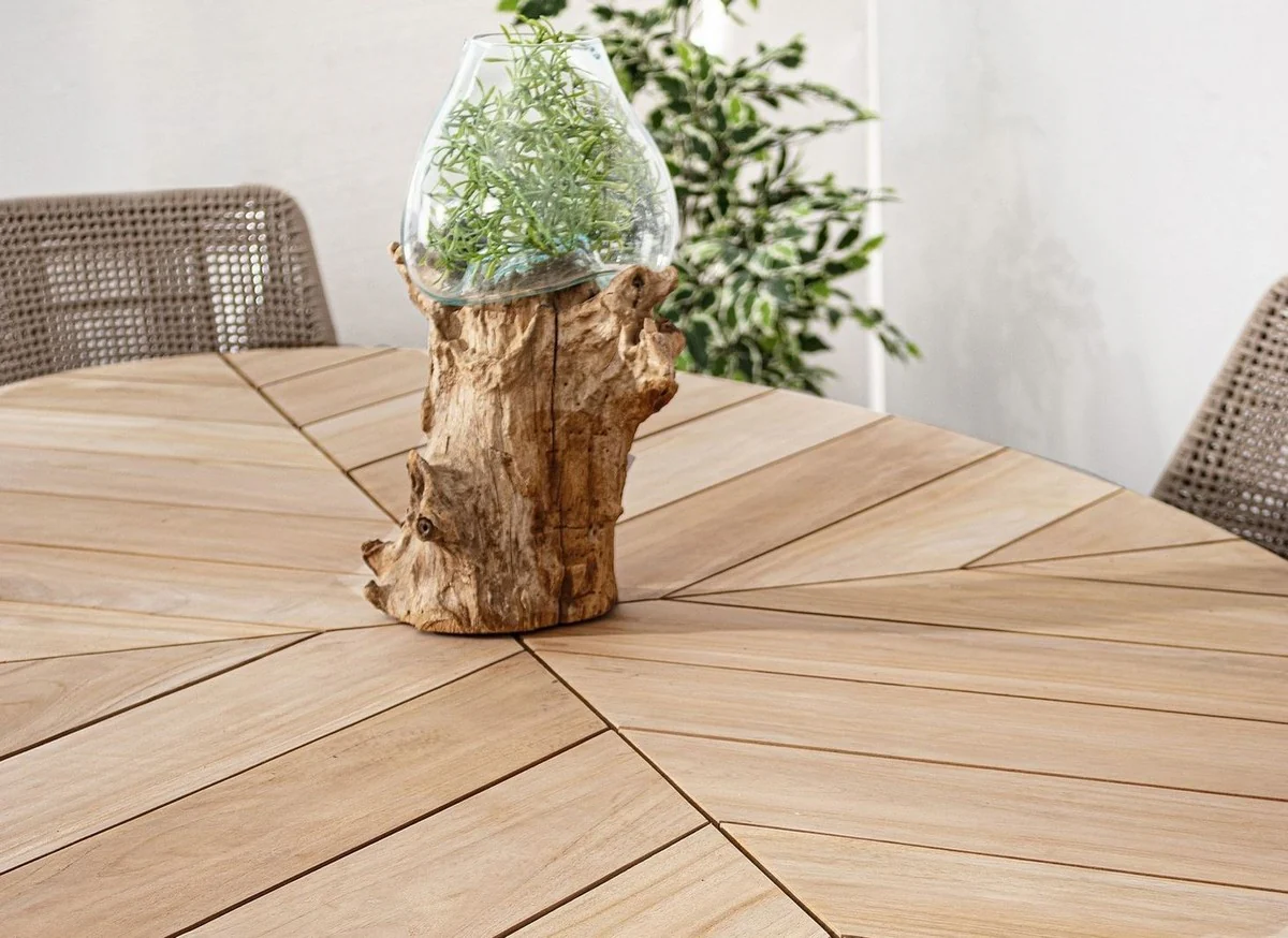 Casa Padrino mesa de jardín de lujo natural / blanco 240 x 110 x A. 77 cm - Mesa de comedor ovalada con tablero de teca - Mesa de jardín y terraza - Muebles de jardín y terraza de lujo