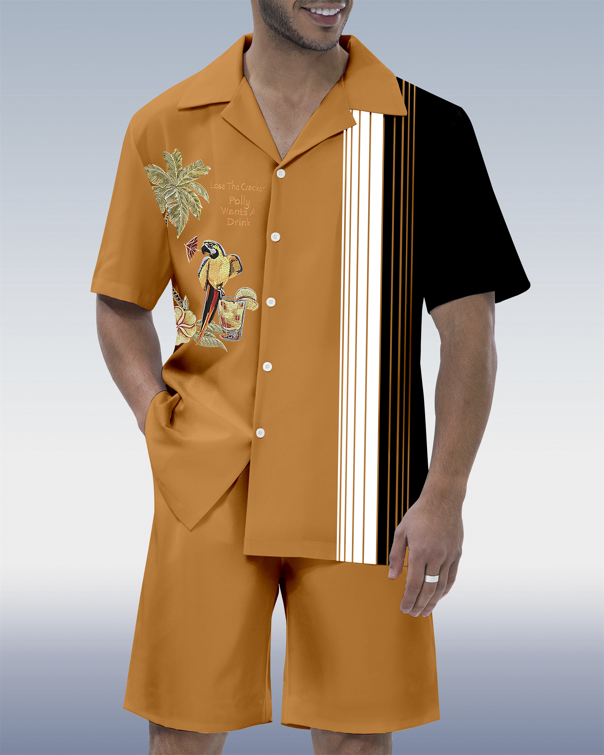 Men's Parrot Head Party Hawaiian Cuban Collar Short Sleeve Shirt Set