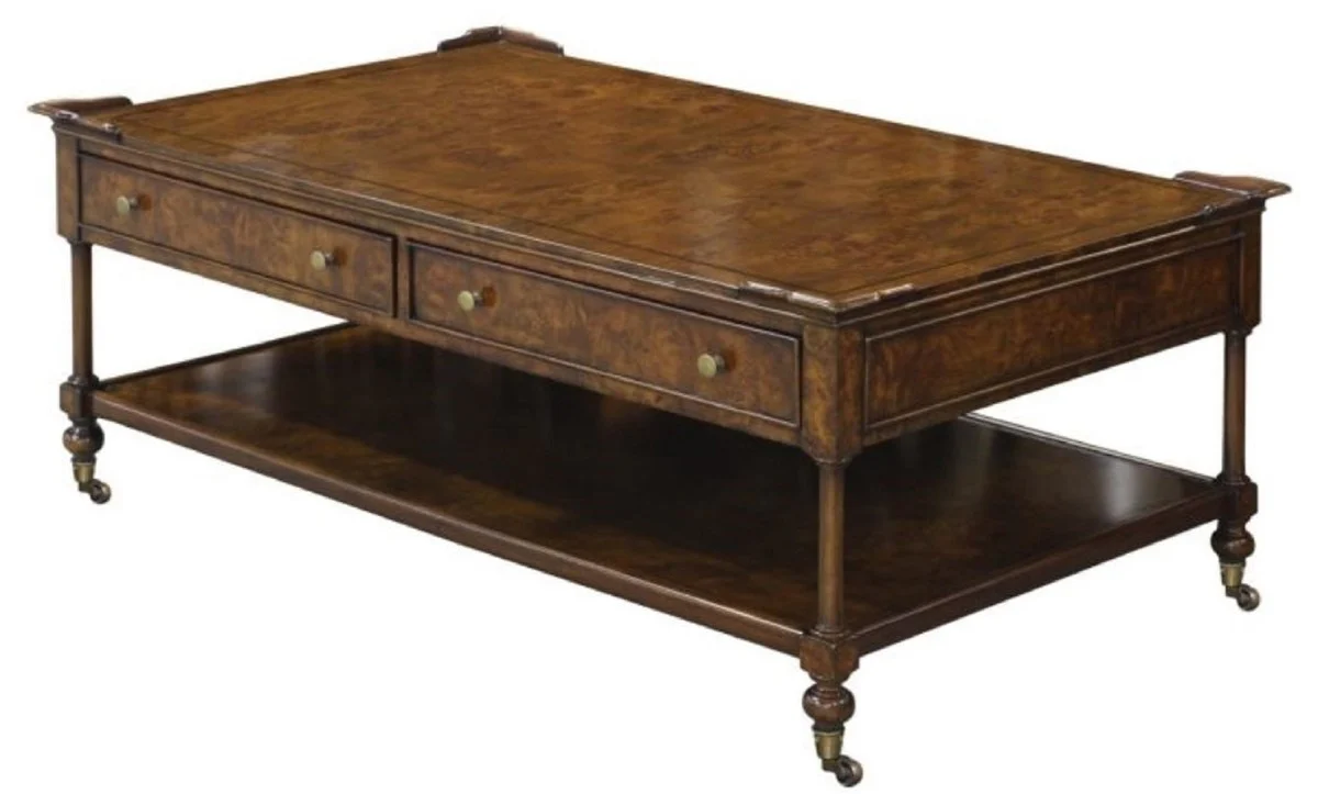 Casa Padrino Mesa de Centro Art Nouveau de Lujo de Marrón 125 x 81 x H. 48 cm - Mesa de la Sala con Ruedas y 2 Cajones