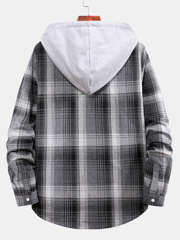 Curved Hem Contrast Hooded Plaid Shirts