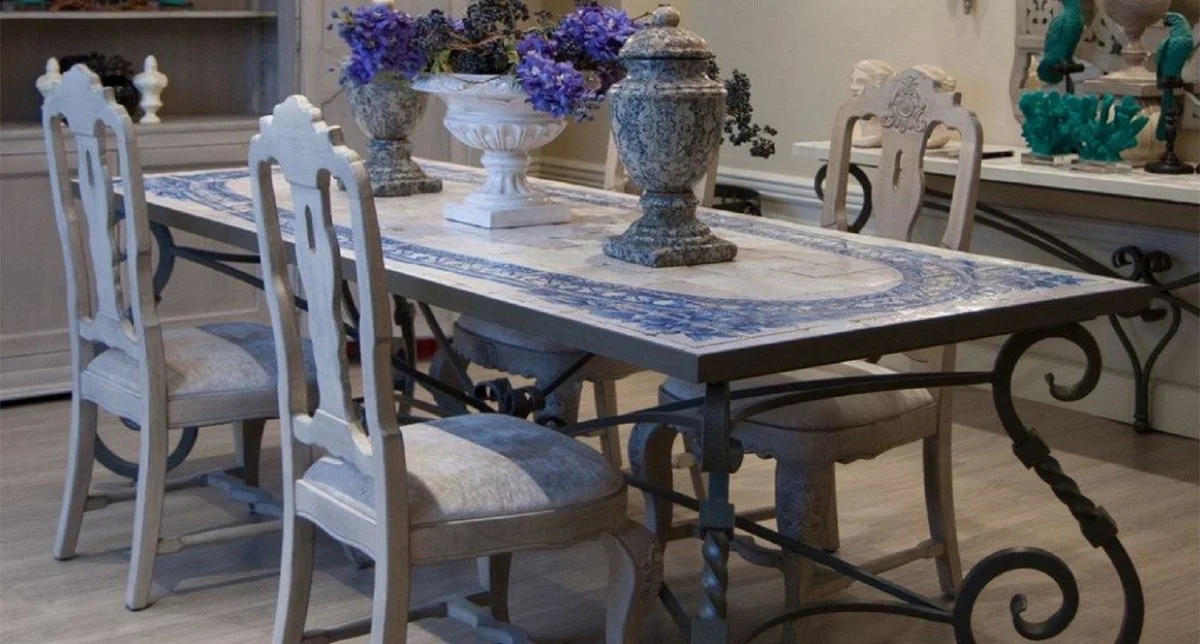 Casa Padrino mesa de comedor barroco de lujo - Mesa de cocina de hierro forjado con tablero de mosaico de piedra natural - Mesa de Jard¨ªn - Mesa de Terraza - Muebles de Sala de Estar Jard¨ªn Patio