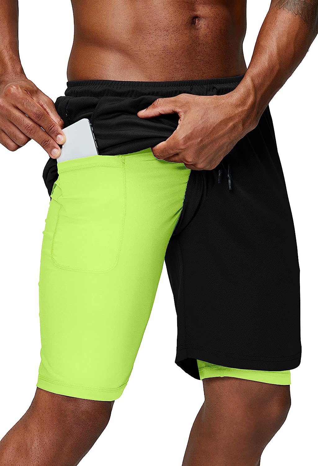 Men's 2 in 1 Running Shorts Gym Workout Quick Dry Mens Shorts with Phone Pocket