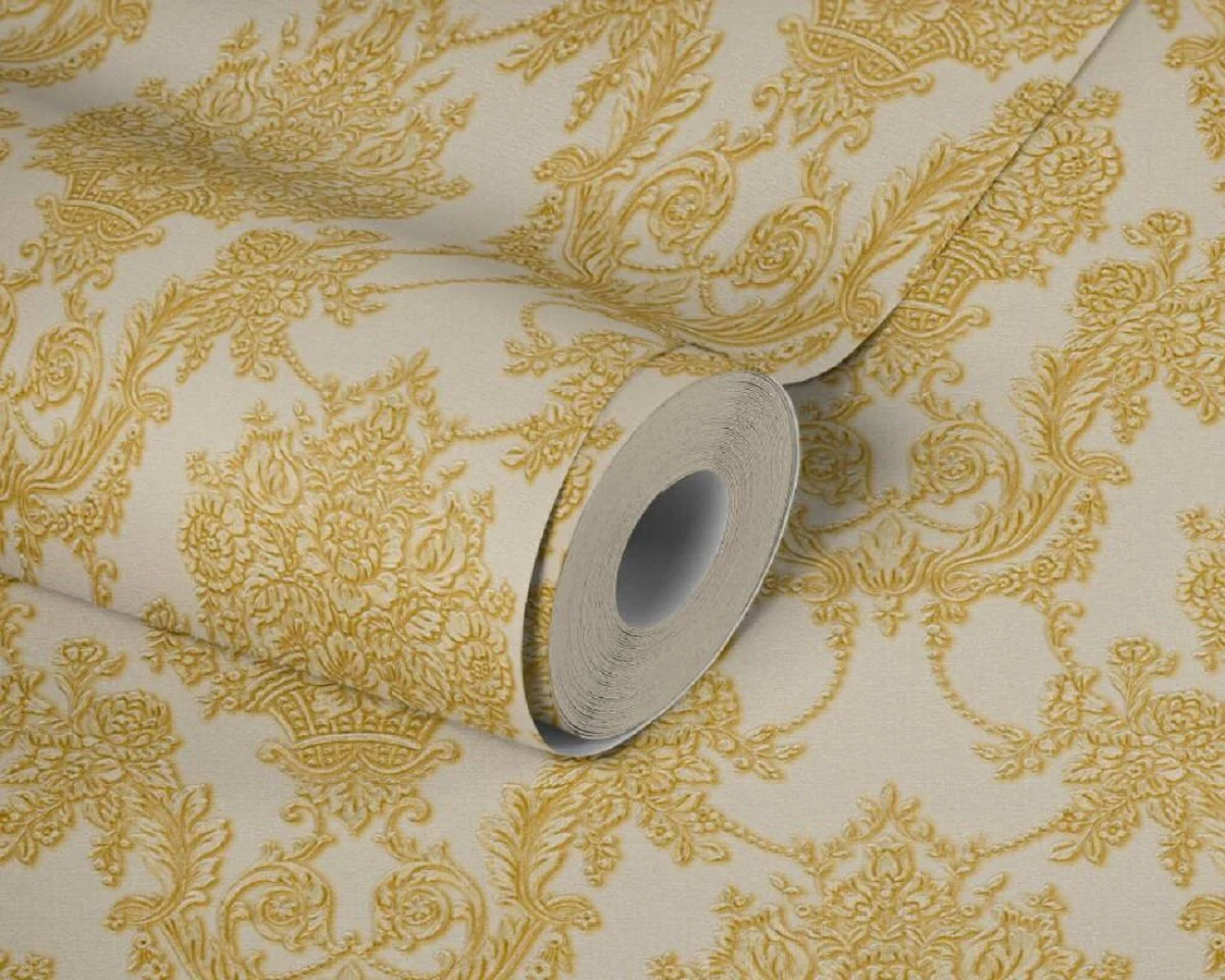 Casa Padrino papel pintado barroco no tejido crema / amarillo / oro - Papel pintado de estilo barroco con patrón elegante - Accesorios de decoración barroco